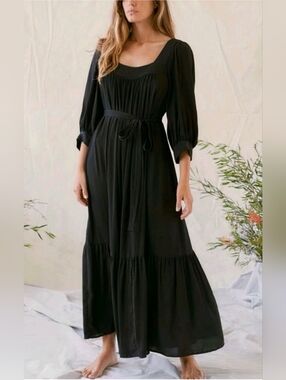 Christy Dawn The Bianca in Noir Black Tie Waist Peasant Maxi Dress XS